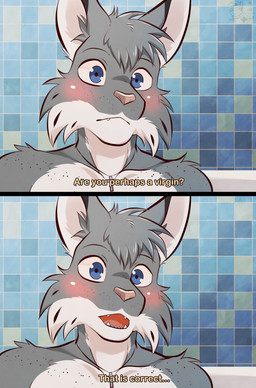 anthro arm_tuft bathtub black_body black_fur black_spots blue_eyes blush blushing_profusely cheek_tuft christian_cross christian_symbol countershade_face countershading cross cross_necklace dialogue facial_tuft fluffy fur grey_hair grey_inner_ear_fluff hair inner_ear_fluff jewelry looking_at_viewer male necklace necklace_only nude open_mouth pink_nose question religion religious_symbol short_hair shoulder_tuft snaggle_tooth solo spots teeth text tile tile_wall tuft two_panel_image wall_(structure) white_body white_fur ventkazemaru christianity echo_(game) echo_(series) echo_project tj_hess canada_lynx felid feline lynx mammal 2025 comic dated english_text hi_res signature