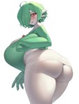 big_breasts biped blush breasts butt clothed clothing female fingers green_hair hair huge_breasts looking_at_viewer looking_back not_furry simple_background solo standing thick_thighs white_background cervina7_(artist) nintendo pokemon gardevoir generation_3_pokemon humanoid pokemon_(species) absurd_res hi_res