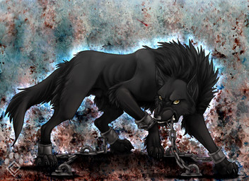 abstract_background angry animal_genitalia balls bared_teeth bite black_body black_fur bound chain chained cuff_(restraint) detailed_background feral fully_sheathed fur genitals iron_cuffs looking_at_viewer male metal_cuffs restrained restraints ribs shackles sheath skinny solo yellow_eyes idess canid canine canis mammal wolf watermark