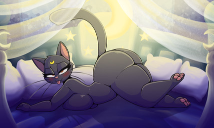 5_fingers anthro anthrofied bed big_breasts big_butt black_body black_fur blush breasts butt female fingers fur furniture lying pawpads paws red_eyes solo thick_thighs tongue whiskers wide_hips iguanasarecool sailor_moon_(series) luna_(sailor_moon) felid feline mammal hi_res
