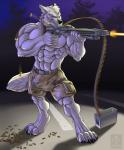 abs anthro belt biceps big_bulge big_muscles biped black_nose bottomwear bulge bullet claws clothed clothing fangs fur gun hair huge_muscles male maschinengewehr_42 mg_42 muscular muscular_anthro muscular_male pecs purple_eyes ranged_weapon shorts solo standing tail teeth toe_claws topless weapon white_body white_fur white_hair vallhound travis_(strowh) arctic_wolf canid canine canis mammal wolf 2015 digital_media_(artwork) full-length_portrait hi_res portrait