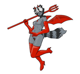 anthro armwear boots clothing elbow_gloves female fluffy fluffy_tail footwear fur gloves grey_body hair hair_over_eyes handwear high_heeled_boots high_heels horn legwear maebari markings membrane_(anatomy) membranous_wings pasties pitchfork pubes shoes simple_background solo striped_body striped_fur striped_markings striped_tail stripes tail tail_markings thigh_boots thigh_highs tools white_background wings chingodile mammal procyonid raccoon hi_res