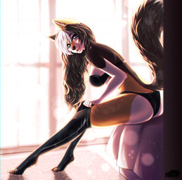 anthro black_nose blue_eyes breasts brown_body brown_fur brown_hair butt claws clothing detailed_background dressing ear_piercing ear_ring eyebrows eyelashes feet female fluffy fluffy_tail fur hair highlights_(coloring) latex latex_clothing latex_legwear latex_stockings legwear long_hair long_legs looking_at_viewer multicolored_body multicolored_fur open_mouth panties paws piercing ring_piercing side_view sitting solo stockings tail tan_body tan_fur toe_claws underwear white_body white_fur white_highlights pizhma hunni_(ei-ka) canid canine fox mammal 2022 digital_media_(artwork) hi_res watermark