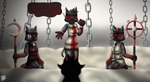 3_eyes anthro chain clothing ear_piercing ear_ring eye_scar facial_scar female fur grey_body grey_fur group multi_eye piercing red_eyes red_text ring_piercing robe scar text trio veil weapon beabea. cult_of_the_lamb massive_monster_(studio) aym_(cult_of_the_lamb) baal_(cult_of_the_lamb) lamb_(cult_of_the_lamb) narinder bovid caprine deity felid feline mammal sheep hi_res