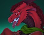 anthro bodily_fluids eyewear glasses hair male red_body red_scales saliva scales scarf sharp_teeth solo teeth tongue tongue_out zhulya_(artist) mythology ray_vanhem dragon mythological_creature mythological_scalie scalie 5:4