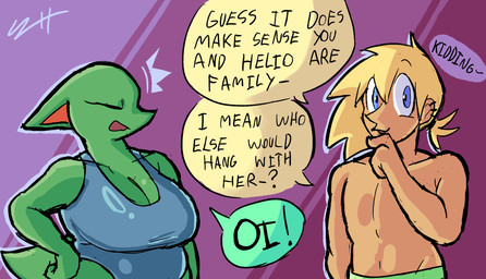 anthro big_breasts blonde_hair blue_eyes breasts clothing color_coded color_coded_speech_bubble dialogue duo ear_piercing ear_ring female fur green_body green_clothing green_fur green_swimming_trunks green_swimwear greeting hair huge_breasts insult male multiple_ear_piercings multiple_ear_ring piercing ponytail purple_background ring_piercing rude simple_background smile speech_bubble swimming_trunks swimwear text biscotti5000 helio_(biscotti5000) sam_(biscotti5000) canid canine fox human hybrid lizard mammal reptile scalie english_text hi_res