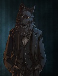 abstract_background anthro biped black_body black_fur black_nose bottomwear bow_(feature) bow_tie business_suit chest_tuft claws clothed clothing dress_shirt front_view fully_clothed fur hand_in_pocket hands_in_both_pockets jacket looking_at_viewer male pants pattern_background pockets shirt simple_background solo standing striped_background stripes suit topwear tuft vest yellow_eyes blackpassion777 canid canine canis mammal wolf cel_shading half-length_portrait portrait shaded