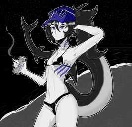 beach beverage beverage_can bikini black_bikini black_clothing black_hair black_swimwear breasts cigarette clothing eyewear female fingers front_view frown gills grey_body hair hand_behind_head hat headgear headwear holding_beverage holding_cigarette holding_object humanoid_hands long_hair long_tail night non-mammal_breasts outside pose purple_clothing purple_eyes purple_hat purple_headwear sand sea sky small_breasts smoke solo standing star starry_sky sunglasses swimwear tail two-piece_swimsuit water gothgator0 animal_humanoid aquatic aquatic_humanoid fish fish_humanoid humanoid shark_humanoid absurd_res hi_res restricted_palette