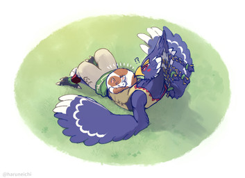 anthro beak blue_body blue_feathers blush duo feather_hands feathers feral interrobang male sleeping wings haruneichi breath_of_the_wild nintendo the_legend_of_zelda revali avian bird domestic_cat felid feline felis mammal rito 2021 signature