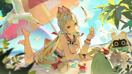 animal_ears barefoot beach blonde_hair breasts cleavage clothed clothing cloud feet female female_focus group hair heterochromia humanoid_focus light_body light_skin outside pigtails rubber_duck scut_tail sea short_tail sky solo_focus swimwear tail water corene53774910 mihoyo zenless_zone_zero alice_thymefield miss_esme_(zenless_zone_zero) ambient_bird animal_humanoid bangboo humanoid lagomorph lagomorph_humanoid leporid_humanoid mammal mammal_humanoid rabbit_humanoid thiren 16:9 2025 hi_res widescreen