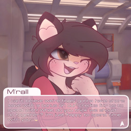 anthro blush clothing dialogue eye_through_hair female hair solo spacecraft talking_to_viewer text translucent translucent_hair uniform vehicle visual_novel_interface milnegake_cherret star_trek star_trek_online star_trek_the_original_series m'rall_bayleaf_(milnegake_cherret) caitian felid feline mammal 1:1 absurd_res english_text hi_res
