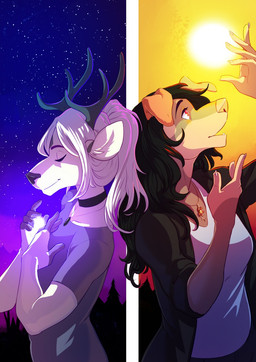 anthro antlers clothed clothing detailed_background duo eyebrows eyelashes female femboy horn male night outside red_eyes sky star starry_sky sun mustachemutt canid canine canis deer domestic_dog mammal 2020 digital_media_(artwork) hi_res