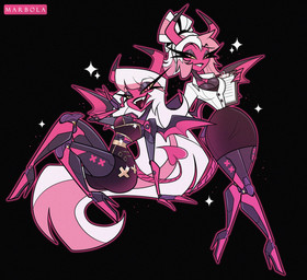 bottomwear clothed clothing collared_shirt duo eyelashes female hair hair_up horn long_eyelashes long_hair machine multicolored_body pencil_skirt pink_body pink_eyes pink_hair robotic_leg robotic_legs robotization shirt simple_background skirt smile topwear updo white_clothing white_hair white_shirt white_topwear yellow_sclera marbola hellaverse helluva_boss verosika_mayday android demon demon_humanoid humanoid robot succubus absurd_res hi_res