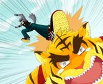 action_pose anthro black_clothing black_shirt black_tank_top black_topwear bodily_fluids clothing duo footwear fur grey_body grey_fur kick male pose sharp_teeth shirt shoes sky tail tank_top tears teeth topwear yellow_body yellow_fur naruever morenatsu kouya_(morenatsu) torahiko_(morenatsu) canid canine canis domestic_dog felid husky mammal nordic_sled_dog pantherine spitz tiger 2013