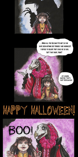anthro beak booing caressing caressing_head clothed clothing dialogue duo elderly fangs fully_clothed gown hair hand_on_head holidays humor inside multi_limb renaissance_clothing scared scaring size_difference smile speech_bubble teeth text skekla_(artist) halloween the_dark_crystal skekla_the_illustrator alien gelfling skeksis 2024 absurd_res comic english_description english_text hi_res signature herm_(lore)
