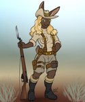 anthro belt biped boots breasts brown_body brown_fur clothed clothing female footwear fur gun hat headgear headwear outside ranged_weapon shoes solo standing weapon hanazawa lagomorph leporid mammal rabbit 2024 hi_res