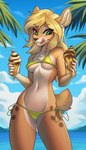 anthro areola bikini blonde_hair breasts brown_body brown_fur butt butt_from_the_front chest_tuft clothed clothing day detailed_background female food freckles front_view fur green_bikini green_clothing green_eyes green_swimwear hair holding_food holding_ice_cream_cone holding_object ice_cream_cone licking licking_lips looking_at_food looking_at_object melting_ice_cream navel outside scut_tail short_tail skimpy skimpy_bikini sky small_breasts solo standing swimwear tail tight_clothing tongue tongue_out tuft two-piece_swimsuit under_boob luryry lana_(neondreamer762) deer mammal 2024 digital_media_(artwork) hi_res