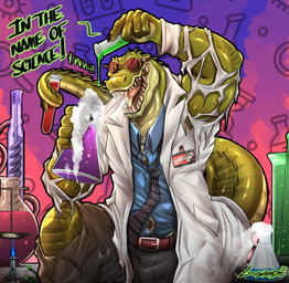 anthro blue_clothing blue_shirt blue_topwear bottomwear clothed clothing eyewear fangs front_view goggles green_body green_scales grey_bottomwear grey_clothing grey_pants holding_object male necktie open_mouth pants pattern_necktie scales scientist shirt solo striped_necktie teeth text topwear torn_clothing torn_topwear white_lab_coat crazydrak crocodile crocodilian reptile scalie absurd_res english_text hi_res