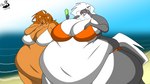 anthro bikini blush breasts clothing duo female food obese overweight popsicle small_head swimwear tiny_head two-piece_swimsuit chrisandcompany daryl_vecat kelsey_sienna domestic_cat felid feline felis mammal mephitid skunk absurd_res hi_res