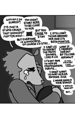 anthro black_text bodily_fluids bottomwear clothed clothed_anthro clothed_female clothing crying dialogue ellipsis eyes_closed female grey_nose hand_on_face knees_up one_eye_obstructed pseudo_hair question_mark scale_hair scales solo speech_bubble tears text text_focus topwear underline underlined_text white_speech_bubble highlandkall li_(highlandkall) mammal pangolin 2025 comic digital_drawing_(artwork) digital_media_(artwork) english_text hi_res monochrome