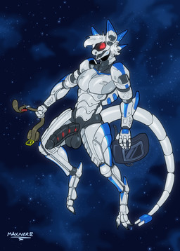anthro balls floating genitals holding_object machine male male_anthro nude_anthro nude_male penis segmented_penis segmented_tongue solo space star maxner12 android robot synth_(vader-san) absurd_res hi_res