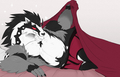 anthro bed bed_sheet bedding black_body black_fur black_nose blush blush_lines clothed clothing fur furniture male multicolored_body multicolored_fur navel partially_clothed pubes reclining red_eyes simple_background smile topless underwear white_body white_fur isaacyote nintendo pokemon generation_8_pokemon mammal obstagoon pokemon_(species)