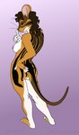 anthro breasts brown_body brown_eyes brown_fur brown_hair butt female fur hair hand_on_hip looking_at_viewer nipples nude side_boob smile solo tan_body tan_fur whiskers white_body white_fur cybercorn_entropic mammal murid murine rodent striped_grass_mouse 2022