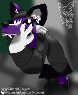 ambiguous_gender anthro black_bottomwear black_clothing black_hoodie black_skirt black_topwear bottomwear clothing fangs fur high-angle_view hoodie night outside purple_body purple_fur skirt solo teeth topwear tshackddegen canid canine mammal invalid_tag hi_res