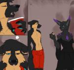 anthro black_body black_fur blue_eyes brown_body brown_fur female fur heterochromia male purple_body purple_fur tongue freelapse canid canine felid mammal comic