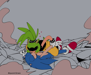 accessory anthro belly black_clothing black_shirt black_topwear blue_body blue_fur bottomwear bracelet clothed clothed_anthro clothed_female clothing cracked_ground crater defeated duo dust_cloud ear_piercing eyes_closed female floating_heart footwear fully_clothed fully_clothed_anthro fully_clothed_female fur gloves green_body green_fur hair hair_accessory hairband handwear jewelry kissing kissing_on_lips male pants piercing pinned pinned_to_ground ponytail quills_(anatomy) red_clothing red_footwear red_shoes shirt shoes tan_belly tan_mouth tan_stomach topwear white_clothing white_gloves white_handwear yellow_bottomwear yellow_clothing yellow_pants quavernsfw idw_publishing sega sonic_the_hedgehog_(comics) sonic_the_hedgehog_(idw) sonic_the_hedgehog_(series) sonic_the_hedgehog surge_the_tenrec afrosoricid eulipotyphlan hedgehog mammal tenrec guide_lines hi_res sketch