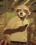 2024 anthro biped cellphone detailed detailed_background electronics hi_res looking_at_viewer male mammal office_worker phone procyonid raccoon smartphone solo standing steven_huang train vehicle