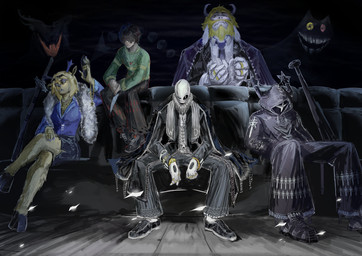 anthro black_background black_clothing blonde_hair clothing female fur furniture green_clothing green_shirt green_topwear group hair katana knife male melee_weapon ring shirt simple_background sitting sofa sword topwear weapon white_body white_fur nitrovu deltarune undertale undertale_(series) asgore_dreemurr carol_holiday friend_(deltarune) gaster kris_dreemurr roaring_knight shadow_mantle_(deltarune) bovid caprine deer goat human mammal new_world_deer reindeer 2025 absurd_res hi_res