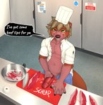 anthro chef_hat chef_uniform clothed clothing erection food genitals hat headgear headwear kitchen knife male meat penis solo text unprofessional_behavior kovat sauksauk mammal mustelid otter digital_media_(artwork) english_text