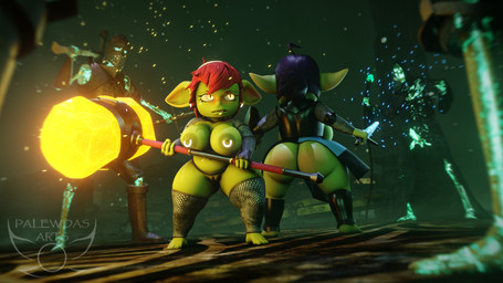 4_fingers amber_eyes areola armor atmosphere atmospheric_perspective belly bevor big_breasts big_butt big_ears biped blush bone breasts butt chainmail clothed clothing ear_piercing ear_ring exposed_breasts faceplate fantasy female female_humanoid fingers footwear genitals giant_hammer green_body hair hammer holding_object holding_weapon knight maul melee_weapon nipple_piercing nipples oversized_weapon paladin partially_clothed piercing poster purple_hair red_hair ring_piercing shield shortstack skeleton slightly_chubby sword thick_thighs tools unconvincing_armor vulva warrior weapon palewdas_arts palewdasarts_(modeler) enna_(palewdasarts) mina_(palewdasarts) goblin humanoid undead 16:9 3d_(artwork) digital_media_(artwork) hi_res tagme wallpaper widescreen