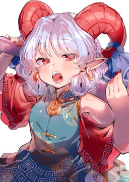 accessory blue_clothing blue_dress bovid_horn bow_ribbon caprine_horn clothing colored_nails curly_hair dress ear_piercing ear_ring female fingernails furgonomics grey_hair hair holding_object horizontal_pupils horn horn_accessory horn_bow horn_ribbon humanoid_pointy_ears nails open_mouth piercing pointy_ears pupils red_eyes red_fingernails red_horn red_nails ribbons ring_piercing sharp_teeth short_hair simple_background solo teeth white_background masanaga_(tsukasa) touhou yuuma_toutetsu animal_humanoid bovid bovid_humanoid caprine caprine_humanoid horned_humanoid humanoid mammal mammal_humanoid absurd_res hi_res
