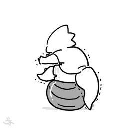 anthro ball barefoot bottomwear clothed clothing exercise exercise_ball feet female fully_clothed rear_view shaking shirt shorts simple_background sitting sitting_on_ball solo stretching tail thick_tail three-quarter_view topwear whos_calling undertale_(series) alphys 1:1 greyscale monochrome