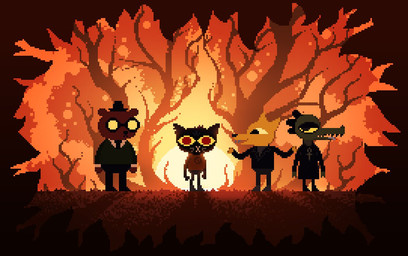 ambiguous_gender anthro big_eyes big_head black_body black_fur bottomwear brown_body brown_fur clothed clothing day dress eyewear fully_clothed fur glasses group hat headgear headwear looking_aside looking_at_another looking_at_viewer null_symbol opaque_glasses orange_body orange_fur outside pants pince-nez round_glasses shirt sky smile spread_arms standing sun sweater toony topwear unknown_artist night_in_the_woods angus_delaney bea_santello gregg_lee mae_borowski bear canid canine crocodile crocodilian domestic_cat felid feline felis fox mammal reptile scalie 2017 digital_media_(artwork) pixel_(artwork)
