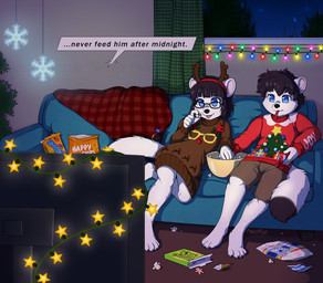accessory anthro biped black_hair black_markings black_nose blue_eyes bottomwear candy christmas_clothing christmas_decorations christmas_lights christmas_sweater christmas_topwear claws clothed clothing dessert dialogue digitigrade dipstick_tail duo eating eating_candy eating_food fake_horns female food furniture green_bottomwear green_clothing green_shorts green_sweater green_topwear hair headband holding_candy holding_food holding_object holidays inside male markings night on_sofa open_mouth red_clothing red_sweater red_topwear short_hair shorts sitting sitting_on_sofa sofa speech_bubble sweater tail tail_markings teeth text toe_claws tongue topwear young young_anthro young_female malachyte christmas mammal mustelid musteline stoat true_musteline weasel 2024 english_text hi_res brother_(lore) brother_and_sister_(lore) sibling_(lore) sister_(lore)