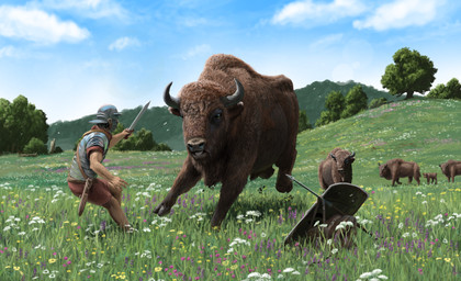 ancient_rome armor brown_body brown_fur charging dagger feral fight flower flower_field forest fur group hortns melee_weapon pale_skin plant polearm quadruped roman_soldier shield spear tree weapon young paleopete ambient_bird bison bovid bovine european_bison human mammal 2024 absurd_res digital_media_(artwork) digital_painting_(artwork) hi_res painting_(artwork)