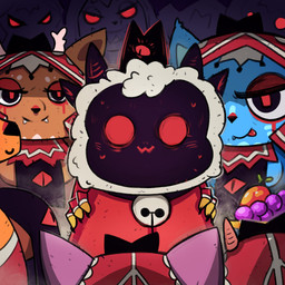 anthro antlers bodily_fluids breasts chibi claws clothing crown female fingerless_gloves food fruit gloves grape group handwear harem headgear horn makeup male markings owo plant red_eyes sharp_teeth side_boob surrounded sweat teeth tongue tongue_out tribal tribal_markings dr_fess cult_of_the_lamb massive_monster_(studio) fan_character follower_(cult_of_the_lamb) lamb_(cult_of_the_lamb) red_crown_(cult_of_the_lamb) animate_inanimate bovid canid canine caprine deer fox mammal sheep unknown_species 1:1 absurd_res hi_res