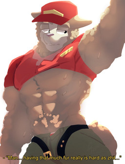 abs anthro averting_eyes belt bodily_fluids bottomwear clothed clothed_anthro clothed_male clothing clothing_lift collared_shirt dialogue ears_down fluffy fluffy_tail fur half-closed_eyes hat headgear headwear male male_anthro muscular muscular_anthro muscular_male narrowed_eyes open_belt open_bottomwear open_clothing open_pants pants pecs pivoted_ears polo_shirt raised_clothing raised_shirt raised_topwear shirt simple_background solo sweat tail teeth text topwear white_background wool_(fur) zappyron piggy_(roblox) aj_alpaca_(piggy) alpaca camelid mammal 2026 detailed digital_drawing_(artwork) digital_media_(artwork) english_text hi_res lineless shaded