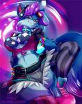 anthro biped blue_body blue_eyes blue_fur bra breasts clothed clothing female footwear fur hair legwear midriff purple_hair shoes solo thigh_highs underwear inuki hi-rez_studios paladins_(game) pepper_(paladins) canid canine fox mammal 2019 hi_res