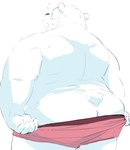 anthro black_nose blush bodily_fluids butt clothing humanoid_hands kemono male overweight overweight_male simple_background solo sweat underwear undressing white_background white_body sessa bear mammal polar_bear ursine 2023