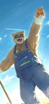 anthro belly brown_body brown_fur close-up clothing eyewear farmer food fruit fur glasses gloves handwear jack-o'-lantern male musclegut muscular outside overalls pecs plant pumpkin rake solo tools harumuname lifewonders tokyo_afterschool_summoners volos_(tas) bear mammal hi_res