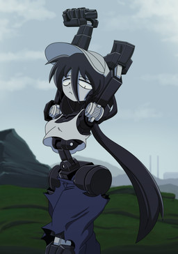arms_above_head black_body black_hair bottomwear breasts clothing denim denim_bottomwear denim_clothing female female_humanoid grass hair hat headgear headwear jeans long_hair looking_at_viewer machine mountain multicolored_body neutral_expression not_furry outside pants plant shirt slim_female slim_humanoid small_breasts solo stretching tank_top tied_hair topwear torn_bottomwear torn_clothing torn_pants white_body wide_hips canni_can chamber_(canni_can) humanoid robot robot_humanoid 2026 absurd_res digital_drawing_(artwork) digital_media_(artwork) hi_res