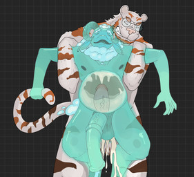 5_fingers abdominal_bulge anal anal_penetration animal_genitalia animal_penis anthro balls big_balls big_penis blue_body blue_cum bodily_fluids carrying_another carrying_partner cloud colored_cum cum cum_in_ass cum_in_stomach cum_inflation cum_inside cum_overflow duo equine_genitalia equine_penis eyes_closed eyewear fingers fur genital_fluids genitals glasses glowing green_body hair huge_penis inflation looking_pleasured male male/male medial_ring nipples orange_body orange_fur penetration penis sex snarling standing standing_sex striped_body stripes tail thick_penis translucent unusual_bodily_fluids unusual_cum unusual_genital_fluids vein wearing_glasses white_body white_hair fructosed spectre_(fructosed) bovid caprine felid ghost goat mammal pantherine spirit tiger 2025 absurd_res hi_res