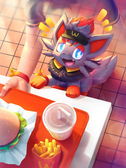 ambiguous_gender blue_eyes burger clothing container cup drinking_straw emanata fangs fast_food fast_food_uniform feral food fries fur grey_body grey_fur illusion open_mouth paws solo teeth tongue tray uniform tropicalcyclone nintendo pokemon wcdonald's canid canine generation_5_pokemon human mammal pokemon_(species) zorua 2026 3:4 signature