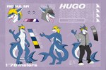 anthro blonde_hair clothed clothing hair hat headgear headwear hoodie male purple_eyes solo text topwear kibacreations hugo_(sl0thh) fish marine shark absurd_res english_text hi_res model_sheet