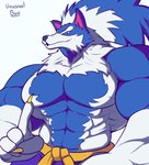 abs belt big_pecs blue_body blue_fur clothed clothing fur gloves_(marking) head_tuft male markings pecs purple_clothing raised_finger sash simple_background solo text topless tuft white_background white_body white_fur yellow_clothing unusualboo54 capcom darkstalkers mythology jon_talbain canid canine canis mammal mythological_canine mythological_creature werecanid werecanine werecreature werewolf wolf 2021 digital_drawing_(artwork) digital_media_(artwork) english_text hi_res shaded signature