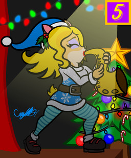 4_fingers anthro arms_bent baubles belt belt_buckle bent_leg black_clothing black_footwear black_shoes blue_clothing blue_dress blue_hat blue_headwear blue_legwear blue_stockings brown_eyebrows brown_nose buckle candy candy_cane christmas_clothing christmas_decorations christmas_headwear christmas_lights christmas_tree clothed clothed_anthro clothed_female clothing dessert dress eyebrows eyelashes female female_anthro fingers food footwear fully_clothed fully_clothed_anthro fully_clothed_female grey_belt hair hat headgear headwear holidays holly_(plant) inside legwear lipstick long_hair makeup musical_instrument number pattern_clothing pattern_legwear pattern_stockings pink_inner_ear plant playing_music playing_saxophone red_curtains red_lipstick santa_hat saxophone solo stage stockings string_lights striped_clothing striped_legwear striped_stockings stripes tail text_box tree wind_instrument woodwind_instrument yellow_tail captainquack64 activision christmas crash_bandicoot_(series) isabella_bandicoot bandicoot mammal marsupial 2022 colored digital_drawing_(artwork) digital_media_(artwork) english_description full-length_portrait hi_res portrait signature